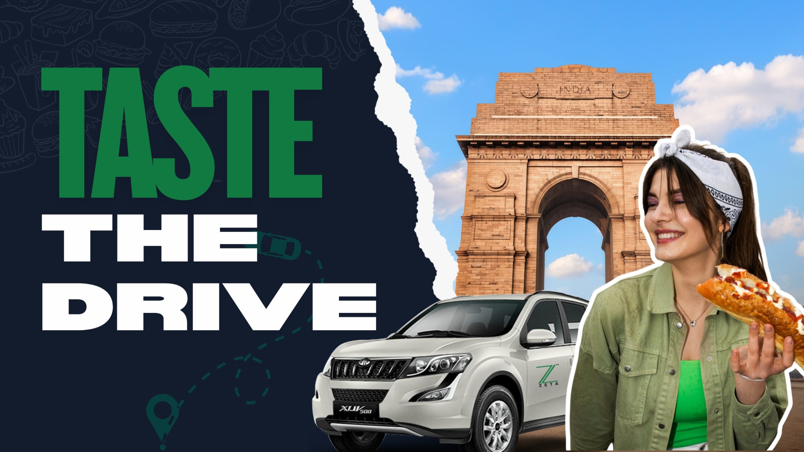 Woman with a self drive car in Delhi near India Gate with text ‘Taste the Drive’
